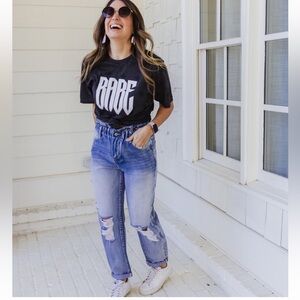 Rancan High Waist Distressed Paperbag Mom Jeans Medium/ Light Wash Cuffed Size M